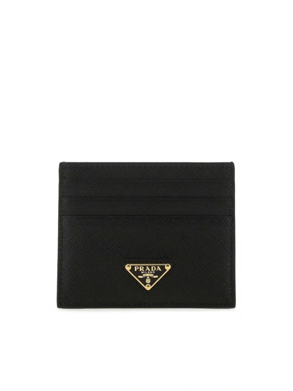 Fashion, Prada Black Saffiano Card Case with Gold Triangle Logo